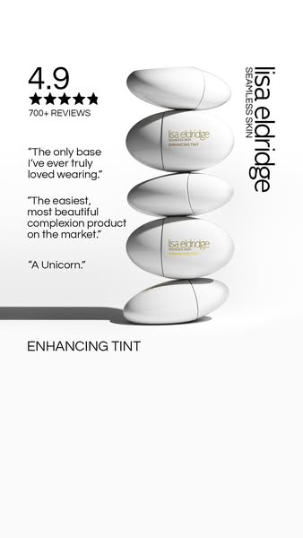 This image ad for Lisa Eldridge Enhancing Tint showcases the product through stacked bottles. It features a 4.9-star rat