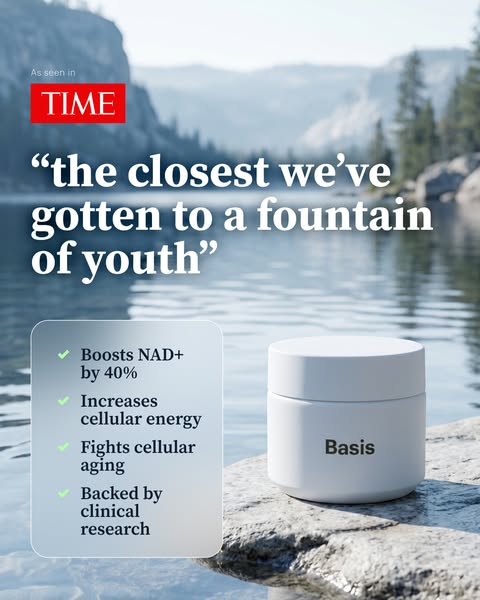 This image ad features a testimonial quote from TIME about Basis, a product that boosts NAD+ by 40%, increases cellular