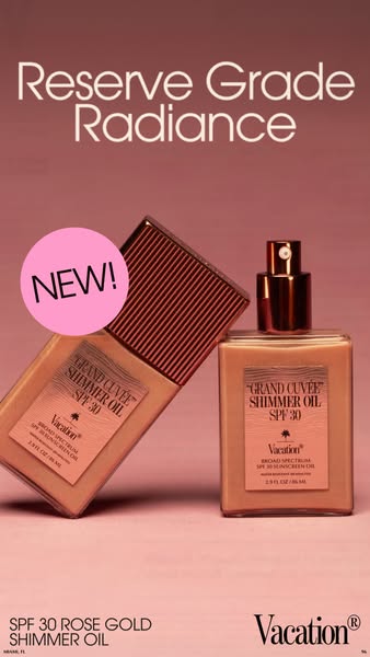 Image ad showcasing Vacation brand's SPF 30 Rose Gold Shimmer Oil.