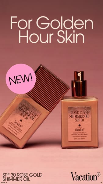 This image ad showcases Vacation's SPF 30 Rose Gold Shimmer Oil against a monochromatic rose backdrop, highlighting 