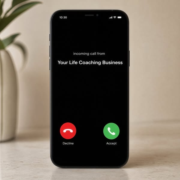 The ad is a screenshot of an incoming phone call on an iPhone. The call is purportedly from "Your Life Coaching Bus