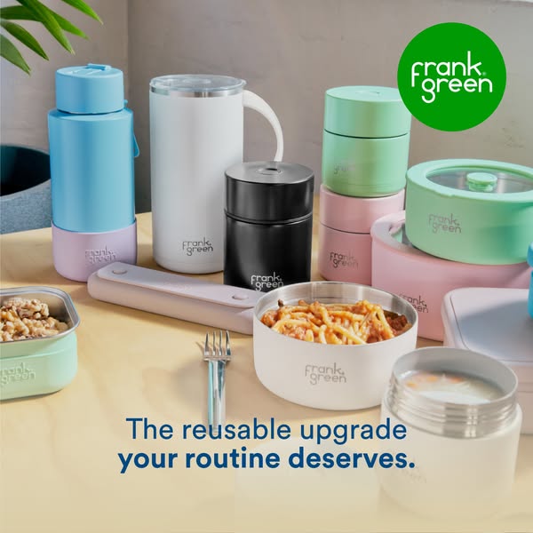 This image ad showcases a variety of Frank Green reusable food and beverage containers in a variety of colors. The ad