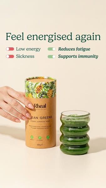 This image ad features Rheal Clean Greens Organic Superfood Blend. The ad indicates that the product can provide energy 
