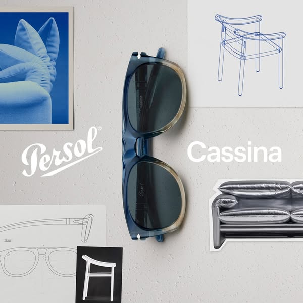 This ad showcases Persol sunglasses alongside Cassina furniture, implying a connection between the two brands and their 
