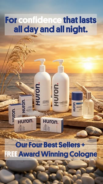 This ad for Huron personal care products is visually presented as a product display on a wooden surface, with a beach su