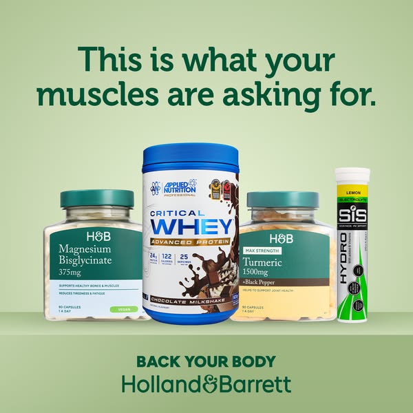 This ad features 4 products that are meant to support your muscles made by Holland & Barrett. There is a supplement 