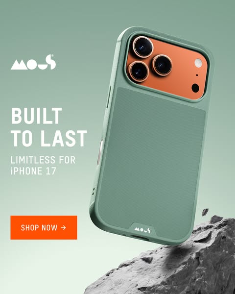 An ad for a Mous brand Limitless phone case for the iPhone 17, showcasing the durability of the product with the headlin