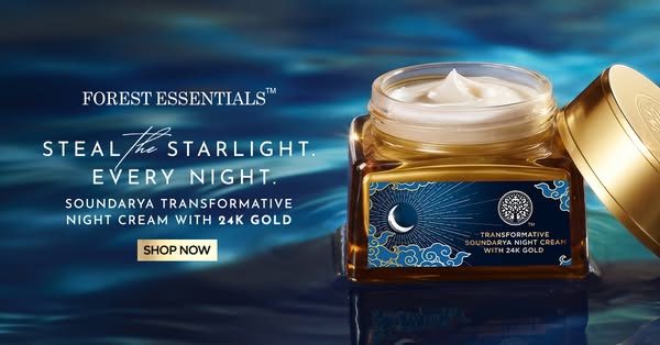 The image promotes Forest Essentials Soundarya Transformative Night Cream with 24K Gold, an Ayurvedic skincare product d