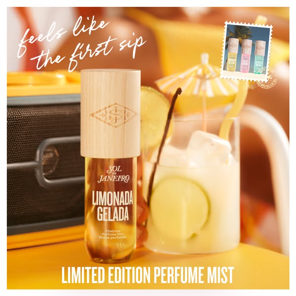 This image ad is advertising the Sol de Janeiro Limonada Gelada perfume mist. The ad evokes the feeling of a refreshing,