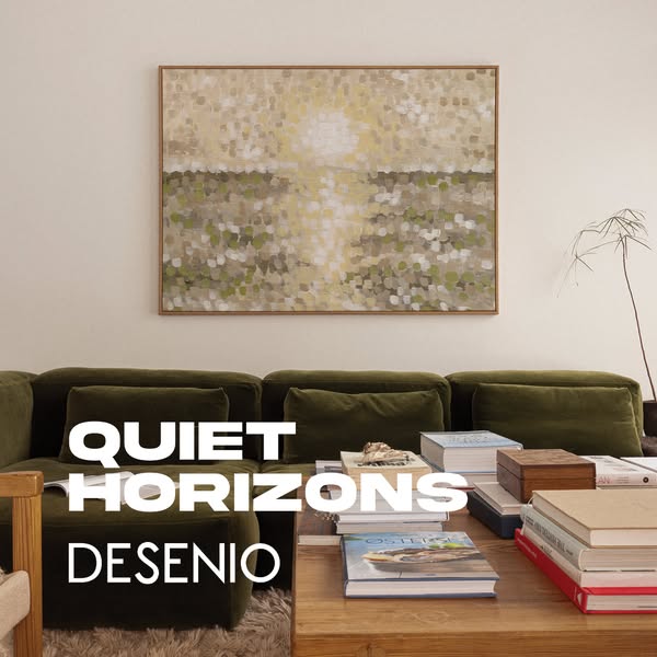 This ad promotes Desenio art prints by showcasing a painting above a couch in a stylish living room.