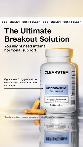 This ad promotes Clearstem's Mindbodyskin dietary supplement as the ultimate solution to breakouts by fighting acne&