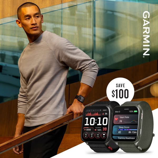 An ad for Garmin smartwatches features a man in athletic apparel and the products themselves. The ad highlights a $100 d