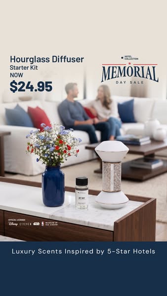 This image ad promotes Hotel Collection's Hourglass Diffuser Starter Kit for a sale price of $24.95 during their Mem