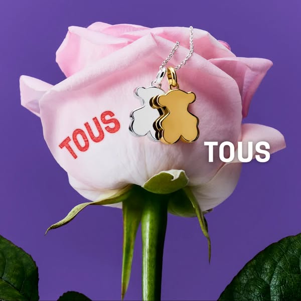 A close-up image of a silver and gold necklace on a pink rose with the brand name displayed.