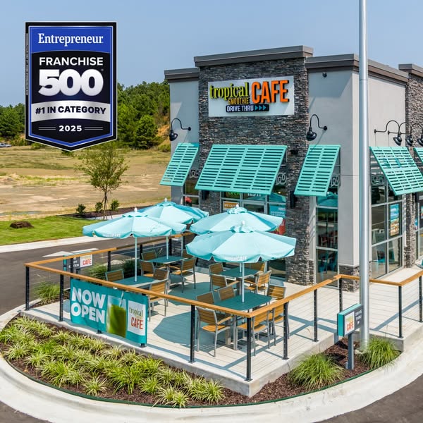 The image ad showcases the Tropical Smoothie Cafe franchise, emphasizing its award-winning status and visually highlight