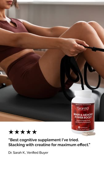This ad features a verified buyer endorsing BrainMD's Brain & Memory Power Boost cognitive supplement. The visua