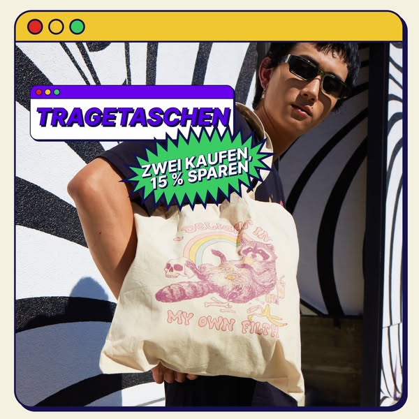This image ad promotes tote bags, showcasing a person carrying a tote bag with a unique design. The ad includes a promot