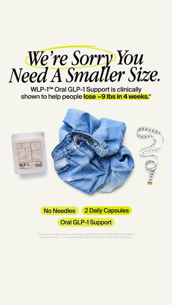 The ad presents WLP-1 Oral GLP-1 Support, a non-prescription dietary supplement that aids in weight loss. It highlights 