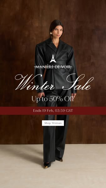 This image ad for Manière De Voir promotes the brand's winter sale with up to 50% off, ending February 19th. It feat