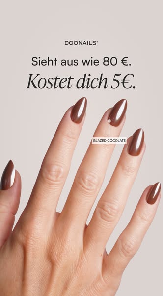 This image ad by Doonails features a hand with almond-shaped nails covered in brown polish. Text above the hand states t