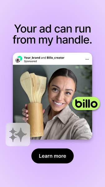 This ad showcases the app Billo with a woman who is smiling and holding a bamboo utensil holder with utensils. The text 