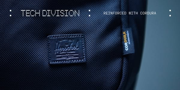 A close up shot of a Herschel brand backpack with copy calling out the tech division and reinforcement with CORDURA mate