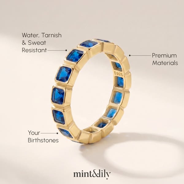 This image ad highlights the durability and quality of a gold ring from mint&lily, emphasizing its birthstone option