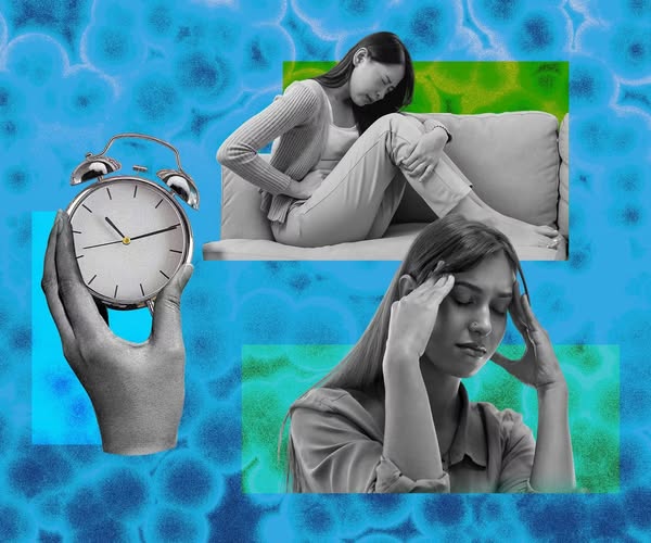 This ad highlights the pain of women with headaches and abdominal pain by presenting it in a visual collage of two women