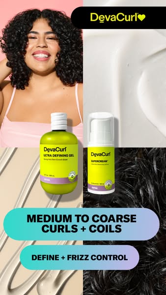 This ad for DevaCurl hair products features a split-screen design showcasing a woman with defined curls and a close-up o