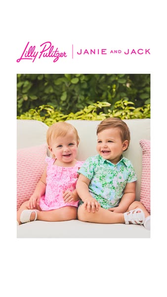 An image of two smiling babies wearing Lilly Pulitzer and Janie and Jack clothing, displayed in a static setting.