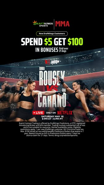 This ad promotes DraftKings' offer for new DraftKings customers. They can spend $5 and get $100 in bonuses. The ad f