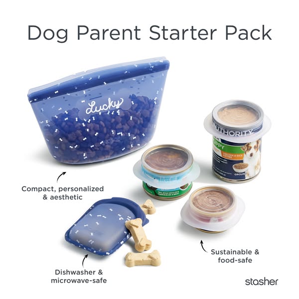 The ad is showcasing a dog parent starter pack, with a focus on the eco-friendly stasher bags and canned dog food.