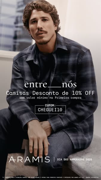An image ad features a man in Aramis clothing, advertising a 10% discount on shirts for first-time buyers using a coupon