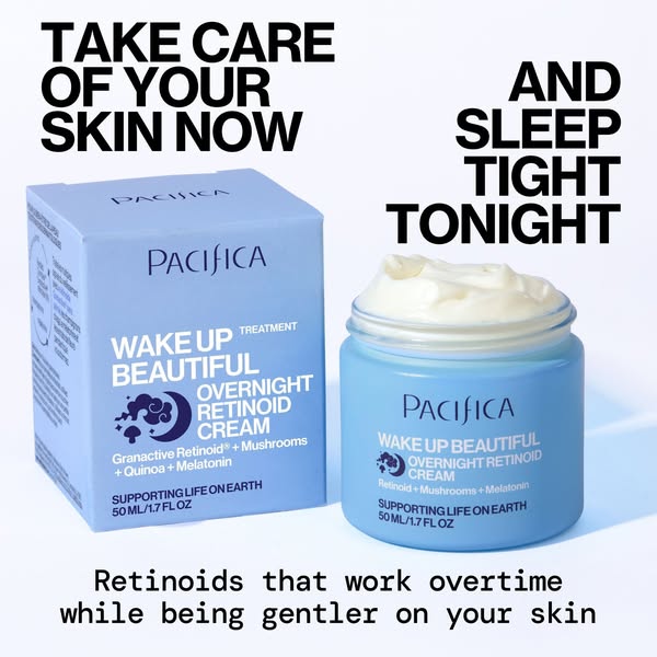 The ad promotes Pacifica's Wake Up Beautiful Overnight Retinoid Cream, focusing on overnight skin treatment with ret