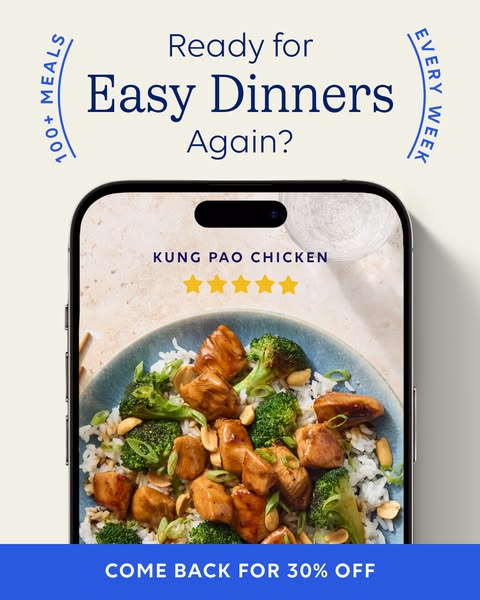 This ad for a meal delivery service targets past customers, highlighting the convenience of easy dinners and offering a 
