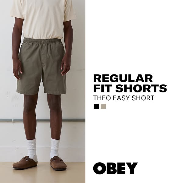 This image ad features OBEY clothing's 'Theo Easy Short.' The ad features a person wearing the garment and t