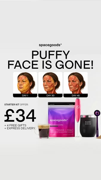 This image ad by spacegoods® claims their starter kit will eliminate puffy face. It features before and after images of 