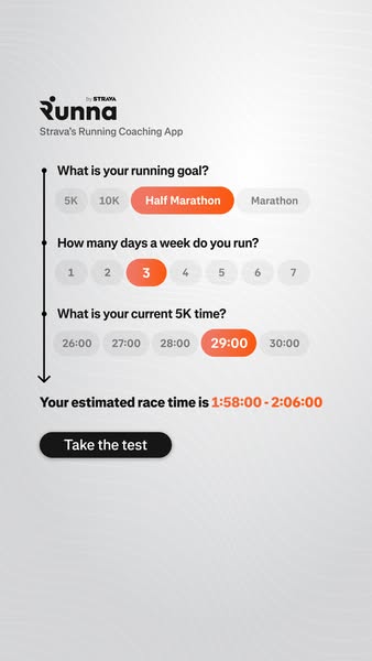 This ad promotes the Runna app, a Strava running coach, and presents a short interactive quiz that estimates race time b