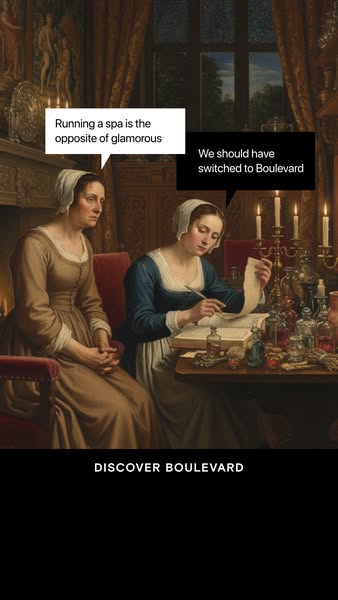 Ad features a painting of two women who seem to be working in the 17th century or earlier. One woman states, 'Runnin