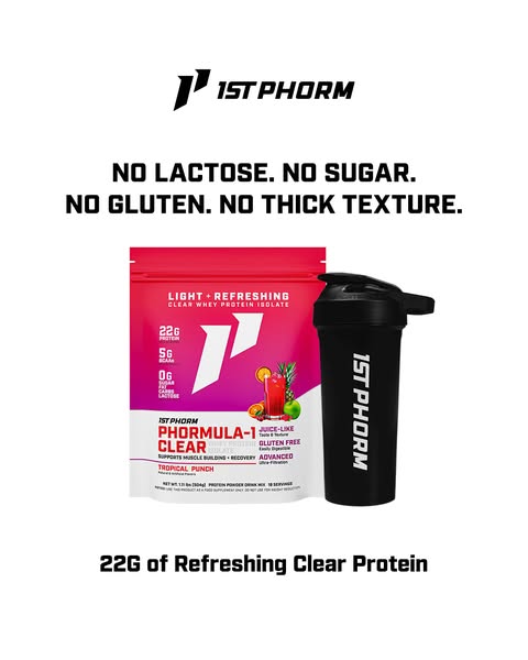 This image ad promotes 1st Phorm's Phormula-1 Clear whey protein isolate, highlighting its benefits such as being la