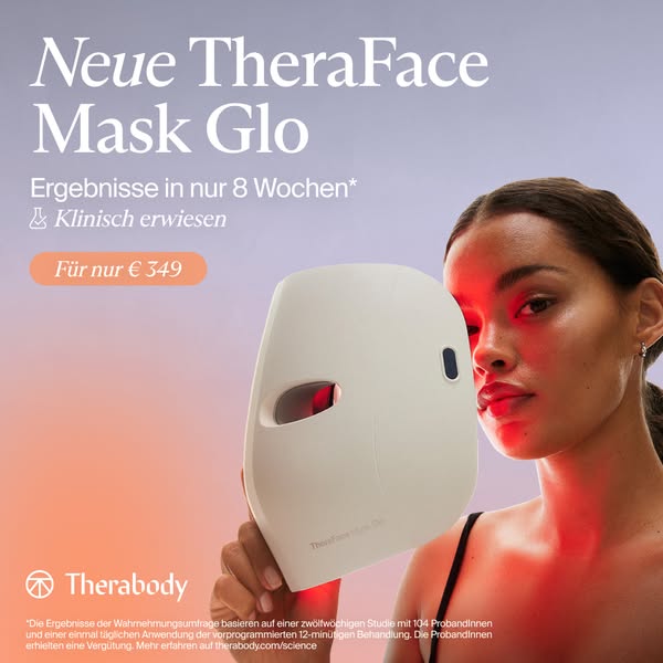 This image ad for the TheraFace Mask Glo highlights clinical results in 8 weeks for only €349.