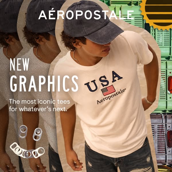 This image ad for Aéropostale features a young male model wearing a t-shirt with a USA graphic. The ad uses layering and