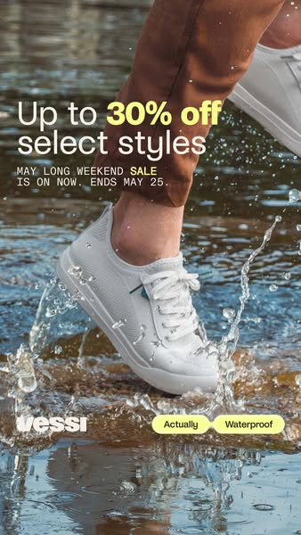 This ad promotes Vessi shoes with the claim that they are waterproof. The ad also contains an offer for up to 30% off se