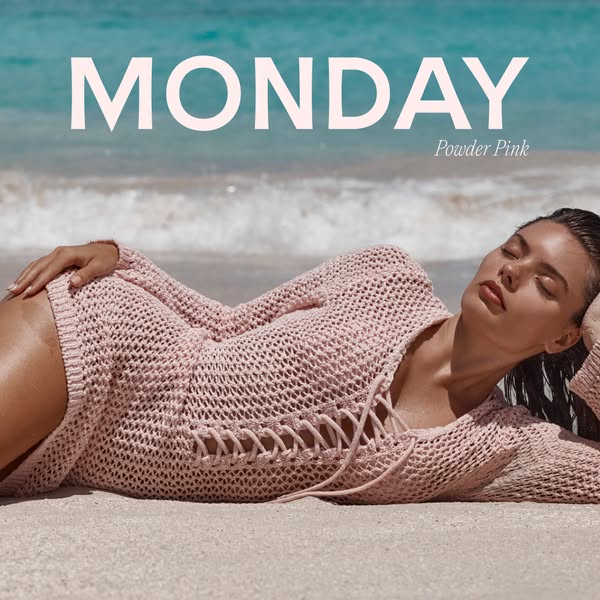 This ad features a woman relaxing on a beach, promoting a brand, Powder Pink. The ad uses a lifestyle image to evoke rel