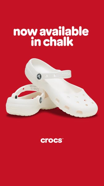 This image ad showcases white Crocs Mary Janes against a red backdrop. The text highlights the availability of the produ