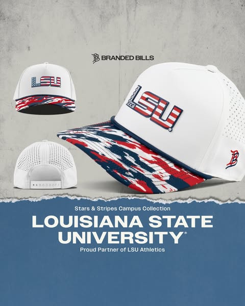 This image ad for Branded Bills features a white baseball cap with the Louisiana State University (LSU) logo. The cap ha