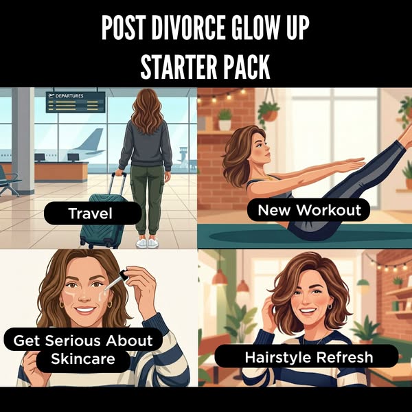 This ad presents a "post-divorce glow up starter pack" with four main components for women: travel, new workou