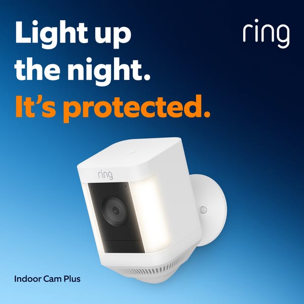 This ad showcases the Ring Indoor Cam Plus, emphasizing its ability to provide security and light up the night.
