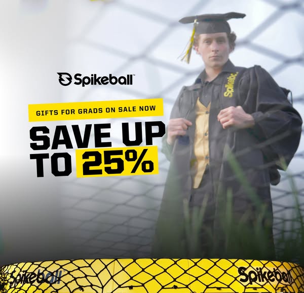 This image ad for Spikeball promotes graduation gift ideas with a discount offer of up to 25% off. It features a young m