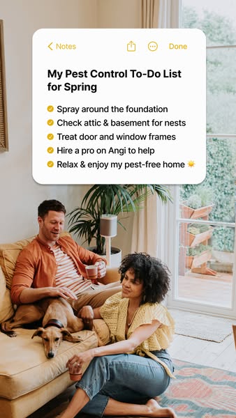 The image ad shows a couple relaxing in their pest-free home. The ad is made to look like the Apple Notes app is open wi